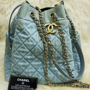 SOLD CHANEL Blue Quilted Washed Denim Bucket Bag